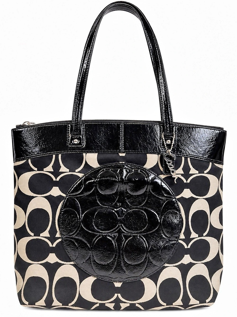Coach Signature Op Art Black Patent Leather Jacquard Large Shoulder Tote Bag